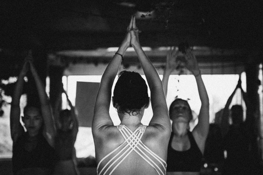 A yoga class underway.