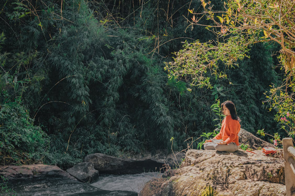 A person meditating in the woods